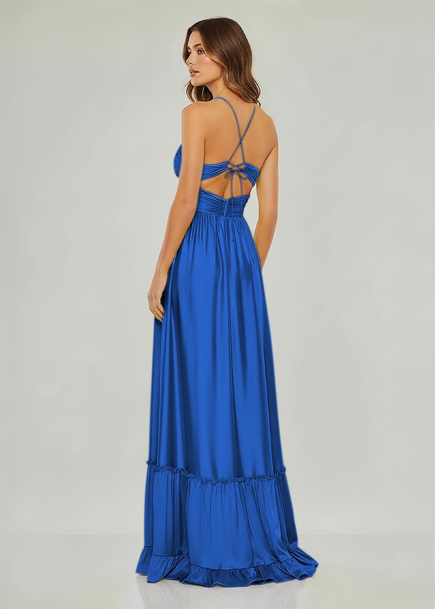 Carnation | Criss - cross Chartreuse Ruched A - line Halter Sleeveless Long Prom Dress - KissProm