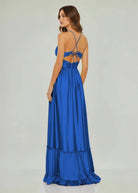 Carnation | Criss - cross Chartreuse Ruched A - line Halter Sleeveless Long Prom Dress - KissProm