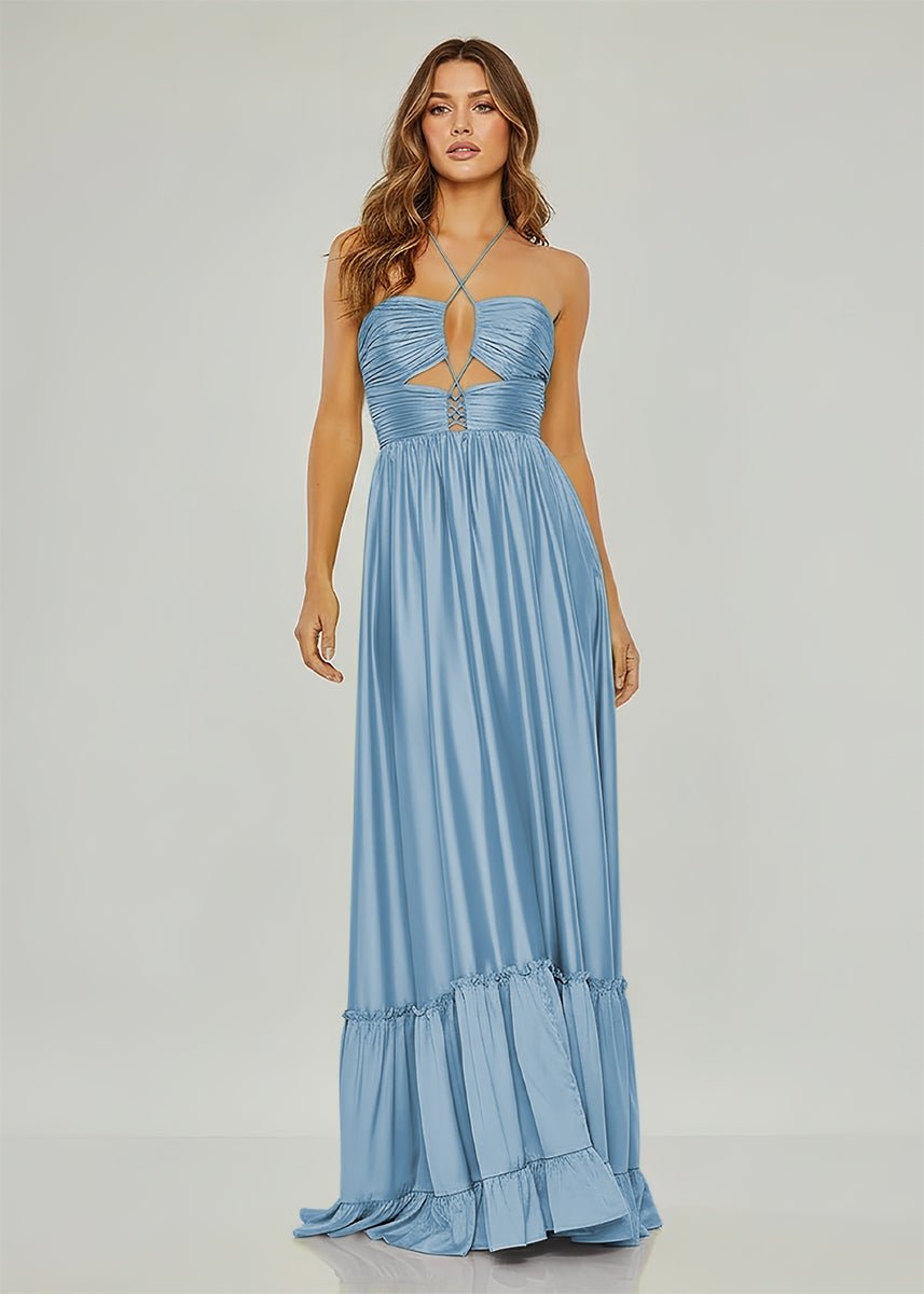 Carnation | Criss - cross Chartreuse Ruched A - line Halter Sleeveless Long Prom Dress - KissProm