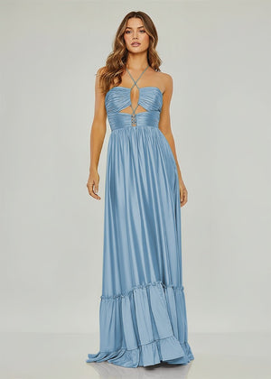 Carnation | Criss - cross Chartreuse Ruched A - line Halter Sleeveless Long Prom Dress - KissProm