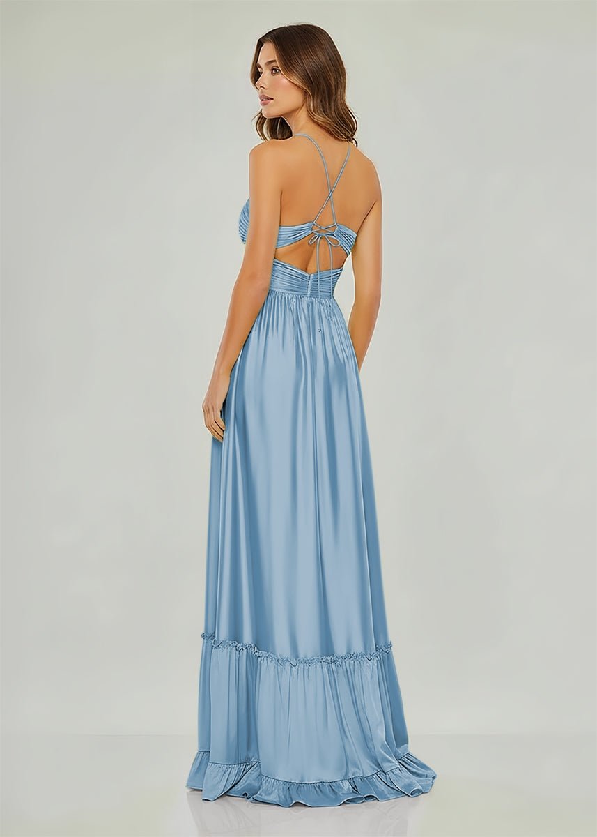 Carnation | Criss - cross Chartreuse Ruched A - line Halter Sleeveless Long Prom Dress - KissProm