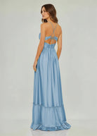 Carnation | Criss - cross Chartreuse Ruched A - line Halter Sleeveless Long Prom Dress - KissProm