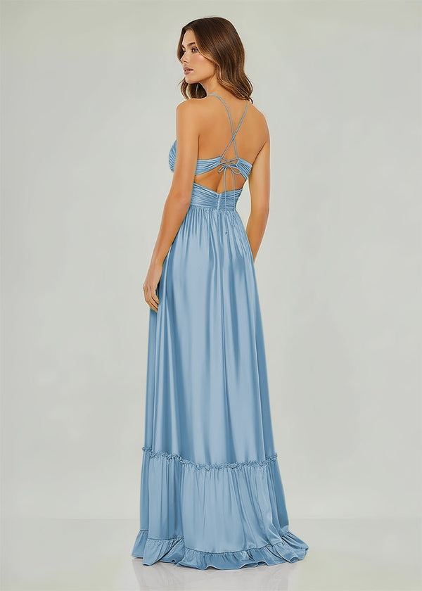 Carnation | Criss - cross Chartreuse Ruched A - line Halter Sleeveless Long Prom Dress - KissProm