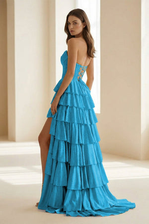 Casmira | Gold - Strapless A Line Satin Ruffled Long Formal Prom Dresses With Beading - KissProm