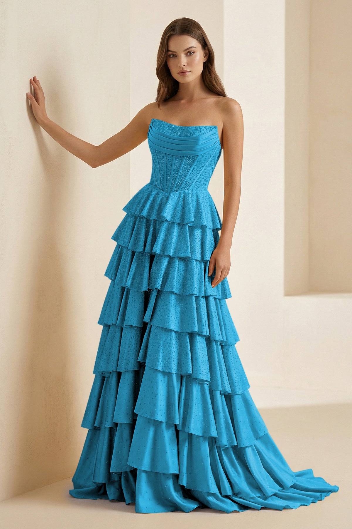Casmira | Blue - Strapless A Line Satin Ruffled Long Formal Prom Dresses With Beading-KissProm