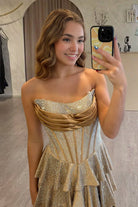 Casmira | Gold - Strapless A Line Satin Ruffled Long Formal Prom Dresses With Beading - KissProm
