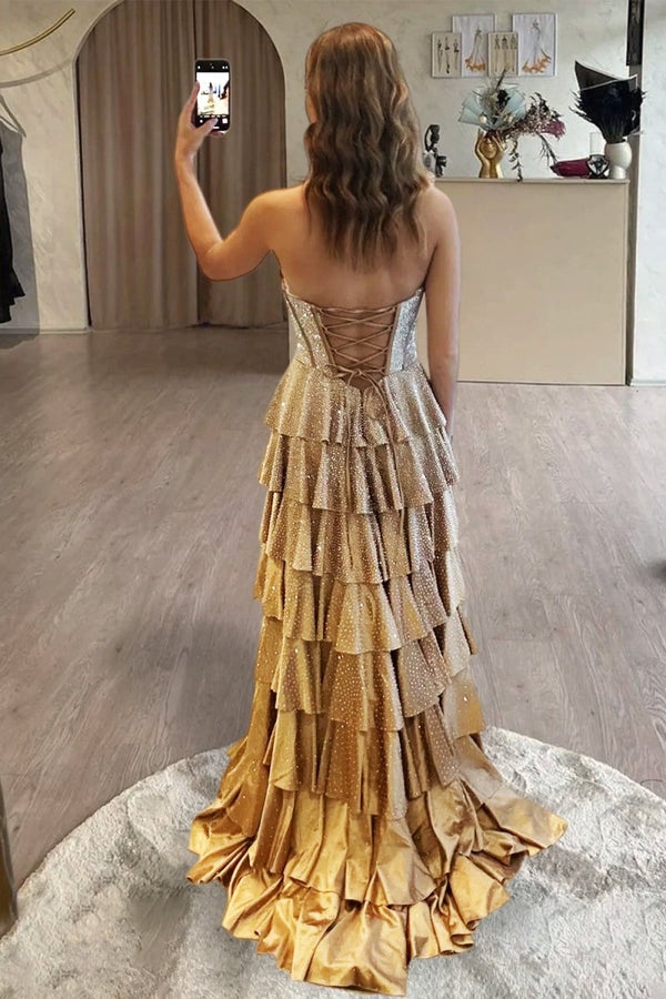 Gold Strapless A Line Satin Ruffled Long Formal Prom Dresses With Beading Gold / 6