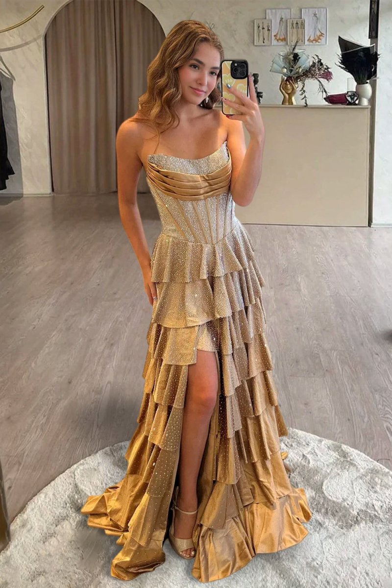 Casmira | Gold - Strapless A Line Satin Ruffled Long Formal Prom Dresses With Beading - KissProm