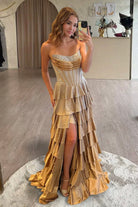 Casmira | Gold - Strapless A Line Satin Ruffled Long Formal Prom Dresses With Beading - KissProm