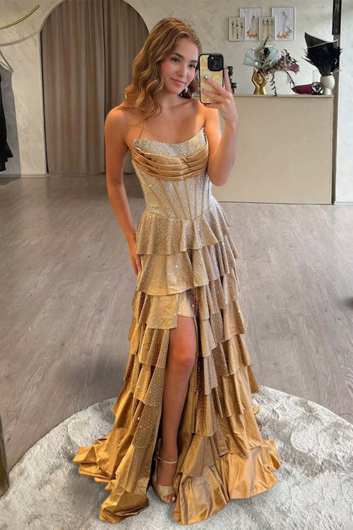 KissProm Gold Strapless A Line Satin Ruffled Long Formal Prom Dresses With Beading, Orange / 4