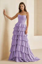 Casmira | Gold - Strapless A Line Satin Ruffled Long Formal Prom Dresses With Beading - KissProm