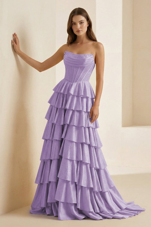 Gold Strapless A Line Satin Ruffled Long Formal Prom Dresses With Beading, Lavender / 10 Gold Strapless A Line Satin Ruffled Long Formal Prom Dresses With Beading, Lavender / 10