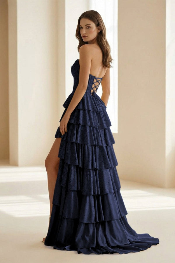 Casmira | Gold - Strapless A Line Satin Ruffled Long Formal Prom Dresses With Beading - KissProm