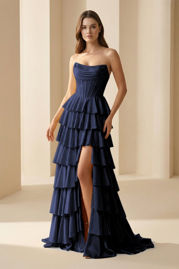 Gold Strapless A Line Satin Ruffled Long Formal Prom Dresses With Beading Gold / 6