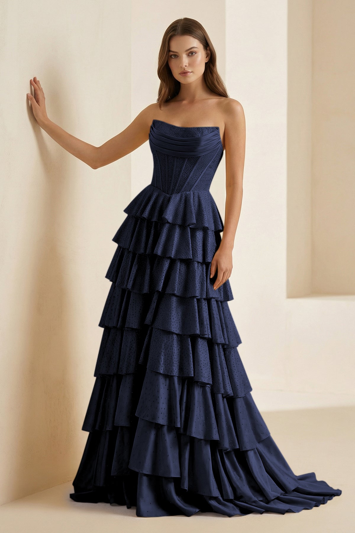 Casmira | Navy Blue - Strapless A Line Satin Ruffled Long Formal Prom Dresses With Beading-KissProm