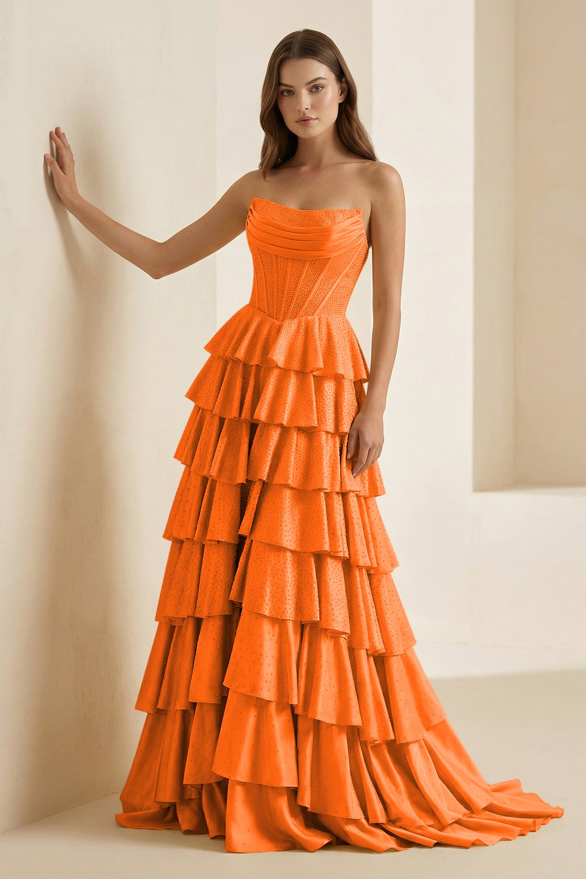Casmira | Orange - Strapless A Line Satin Ruffled Long Formal Prom Dresses With Beading-KissProm