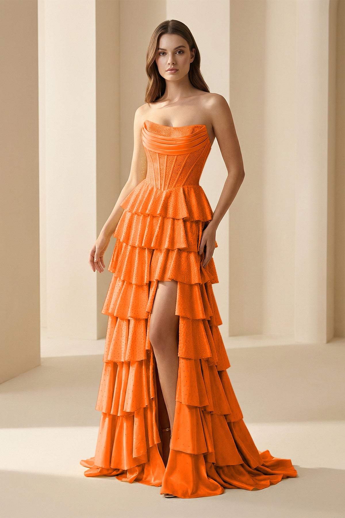 Casmira | Orange - Strapless A Line Satin Ruffled Long Formal Prom Dresses With Beading-KissProm