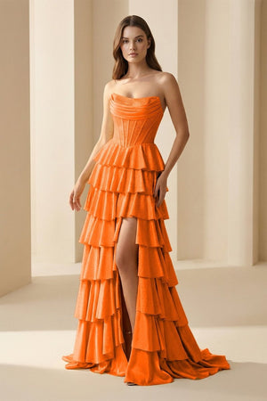 Casmira | Gold - Strapless A Line Satin Ruffled Long Formal Prom Dresses With Beading - KissProm