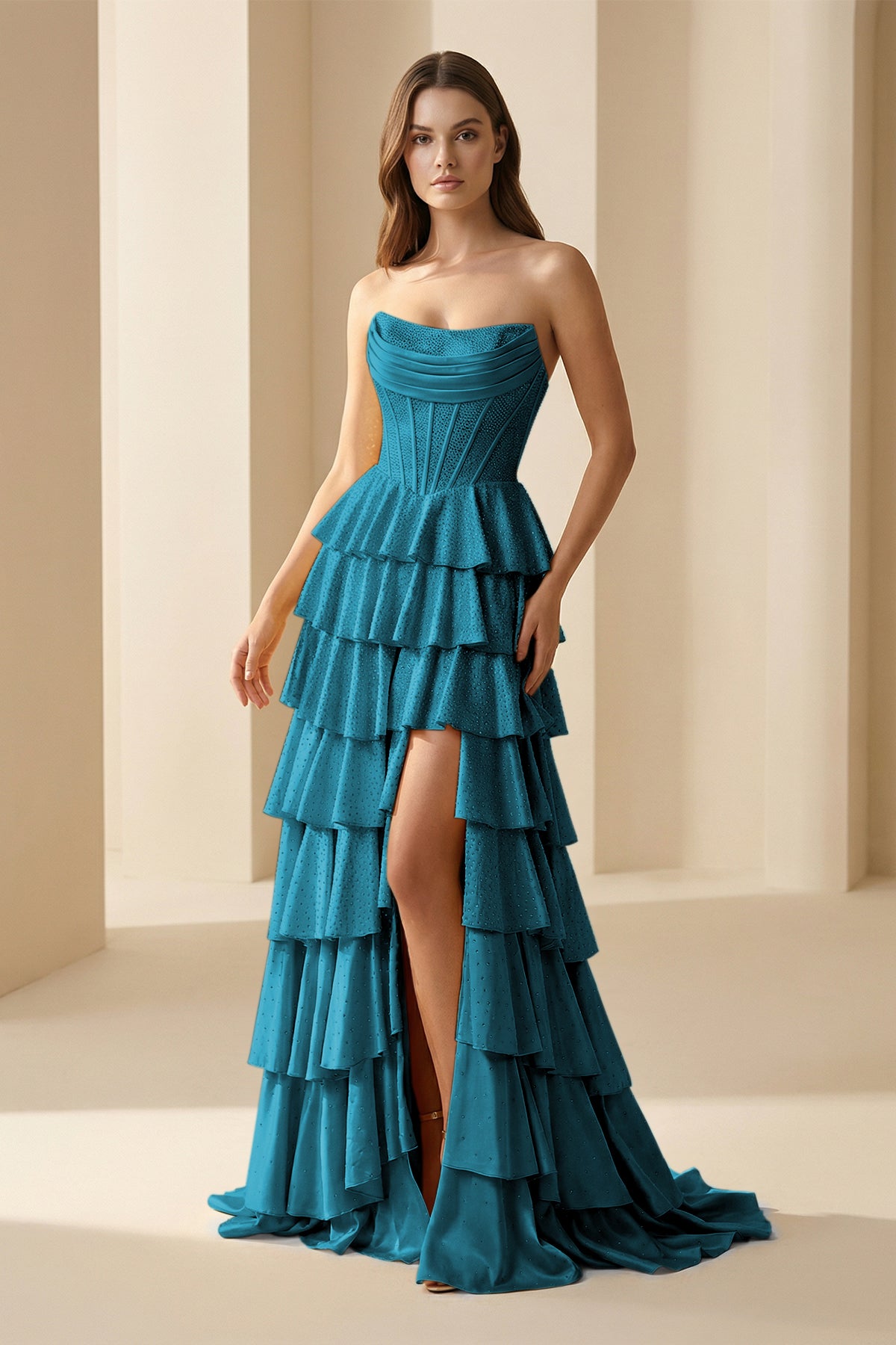 Casmira | Peacock - Strapless A Line Satin Ruffled Long Formal Prom Dresses With Beading-KissProm
