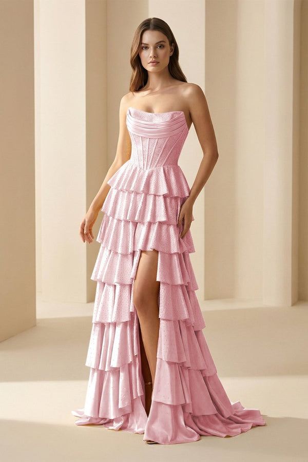Casmira | Gold - Strapless A Line Satin Ruffled Long Formal Prom Dresses With Beading - KissProm