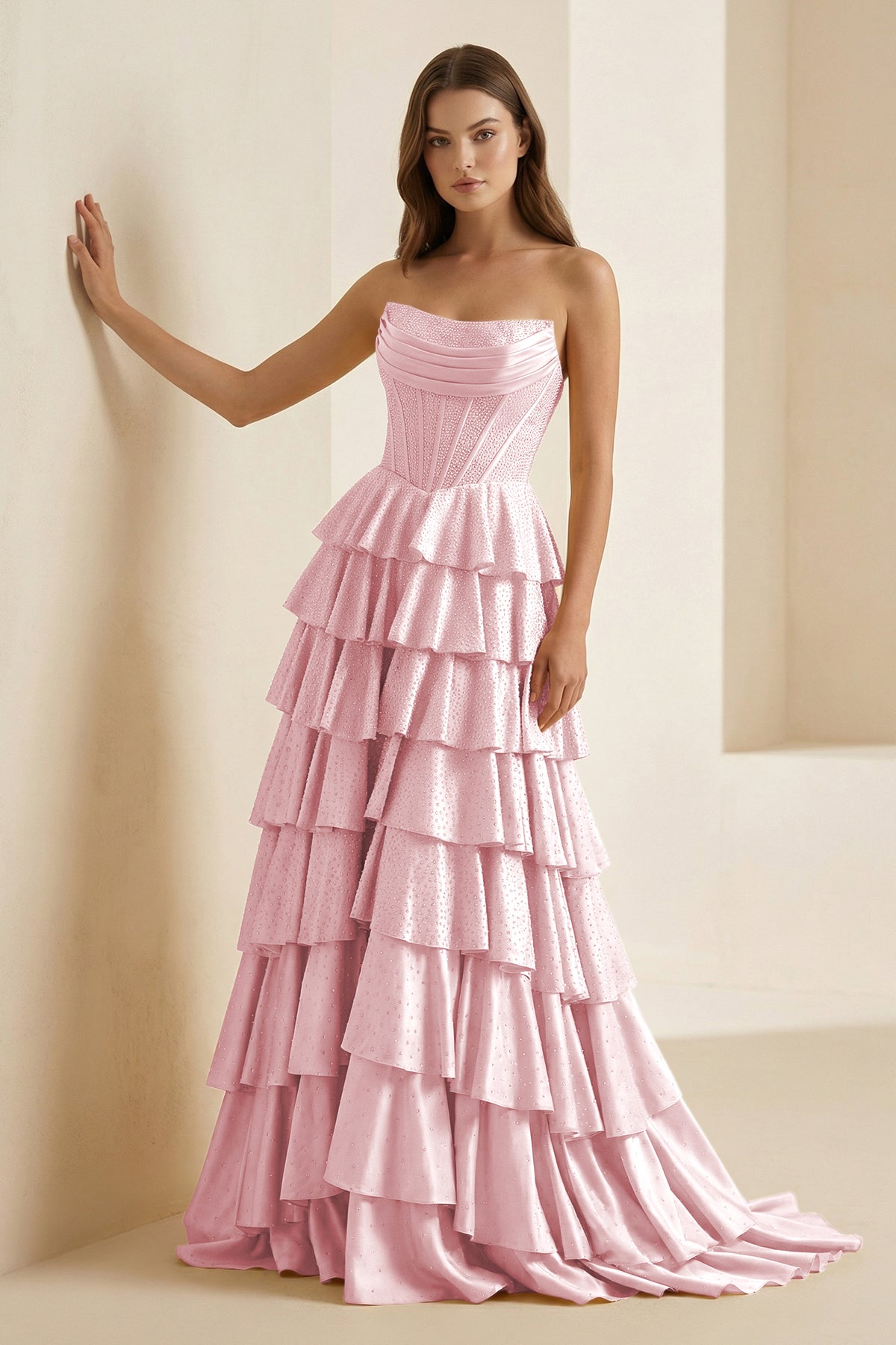 Casmira | Pink - Strapless A Line Satin Ruffled Long Formal Prom Dresses With Beading-KissProm