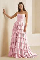 Casmira | Gold - Strapless A Line Satin Ruffled Long Formal Prom Dresses With Beading - KissProm