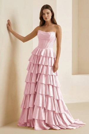 Casmira | Gold - Strapless A Line Satin Ruffled Long Formal Prom Dresses With Beading - KissProm