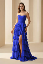 Casmira | Gold - Strapless A Line Satin Ruffled Long Formal Prom Dresses With Beading - KissProm
