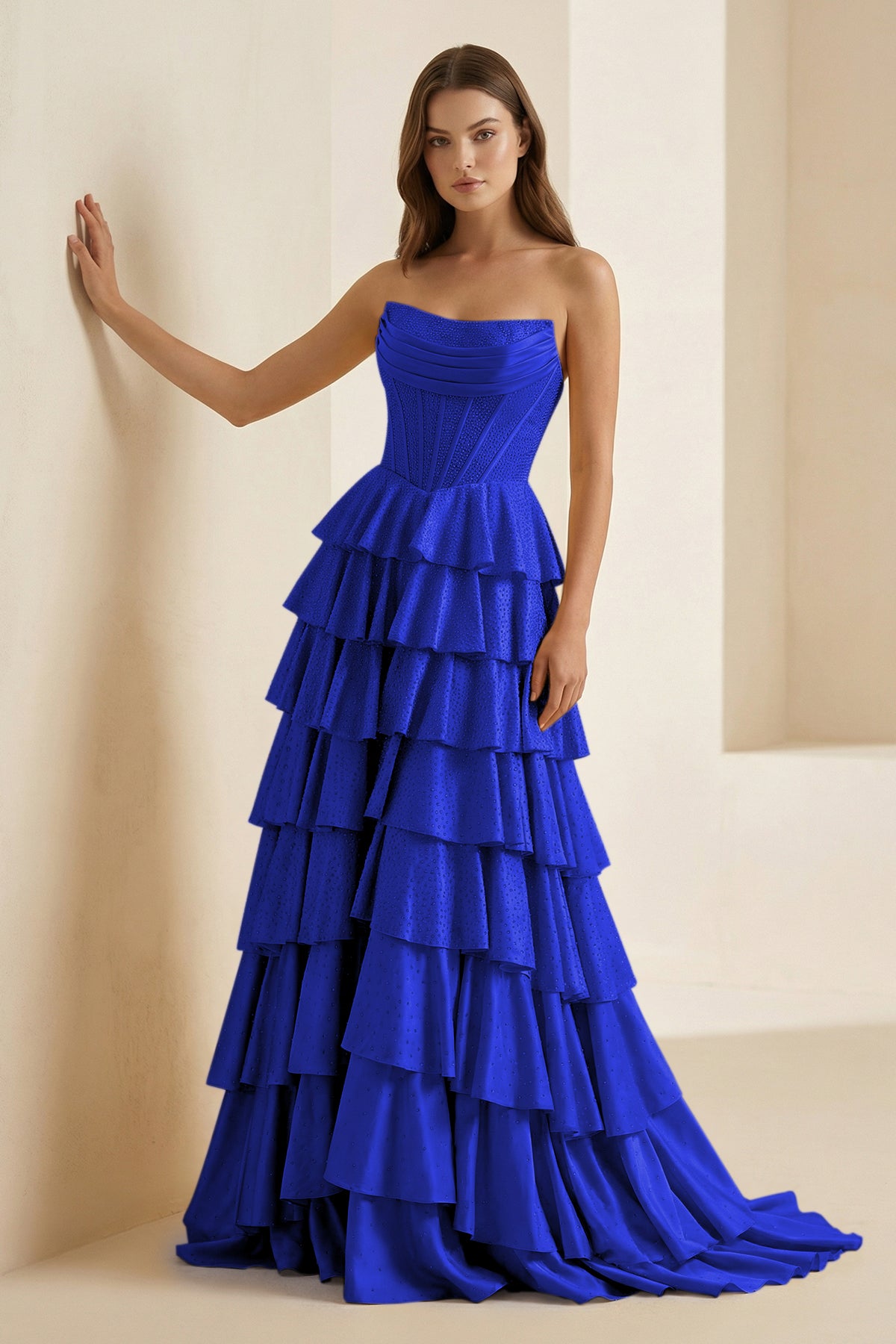 Casmira | Royal Blue - Strapless A Line Satin Ruffled Long Formal Prom Dresses With Beading-KissProm