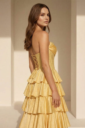Casmira | Yellow - Strapless A Line Satin Ruffled Long Formal Prom Dresses With Beading-KissProm