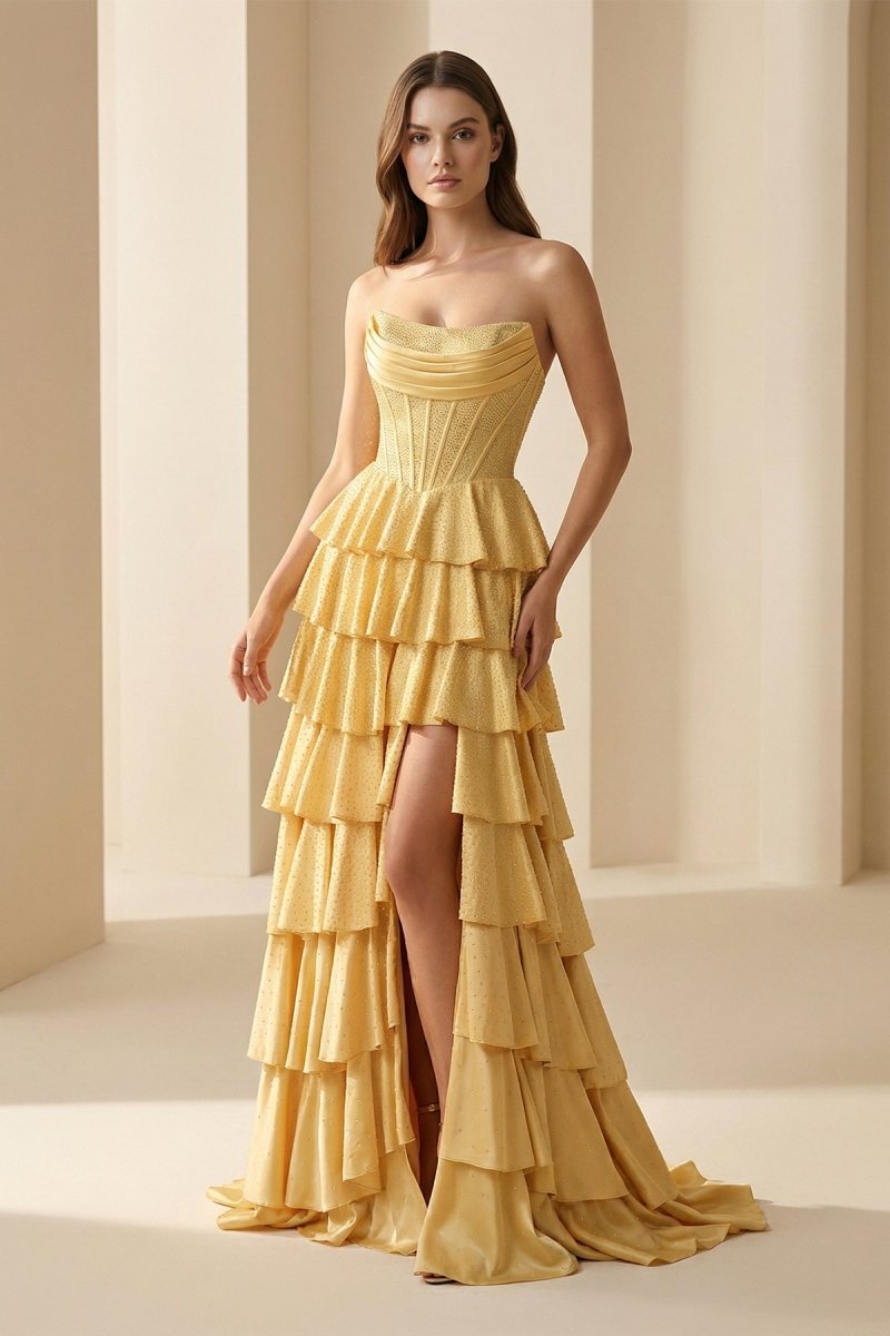 Casmira | Yellow - Strapless A Line Satin Ruffled Long Formal Prom Dresses With Beading-KissProm