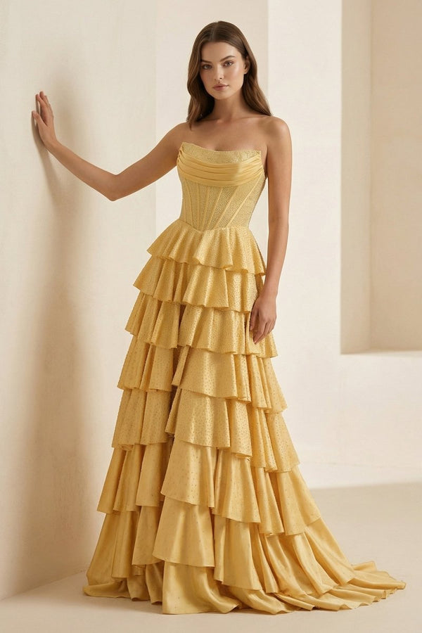 Casmira | Yellow - Strapless A Line Satin Ruffled Long Formal Prom Dresses With Beading-KissProm