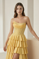 Casmira | Gold - Strapless A Line Satin Ruffled Long Formal Prom Dresses With Beading - KissProm