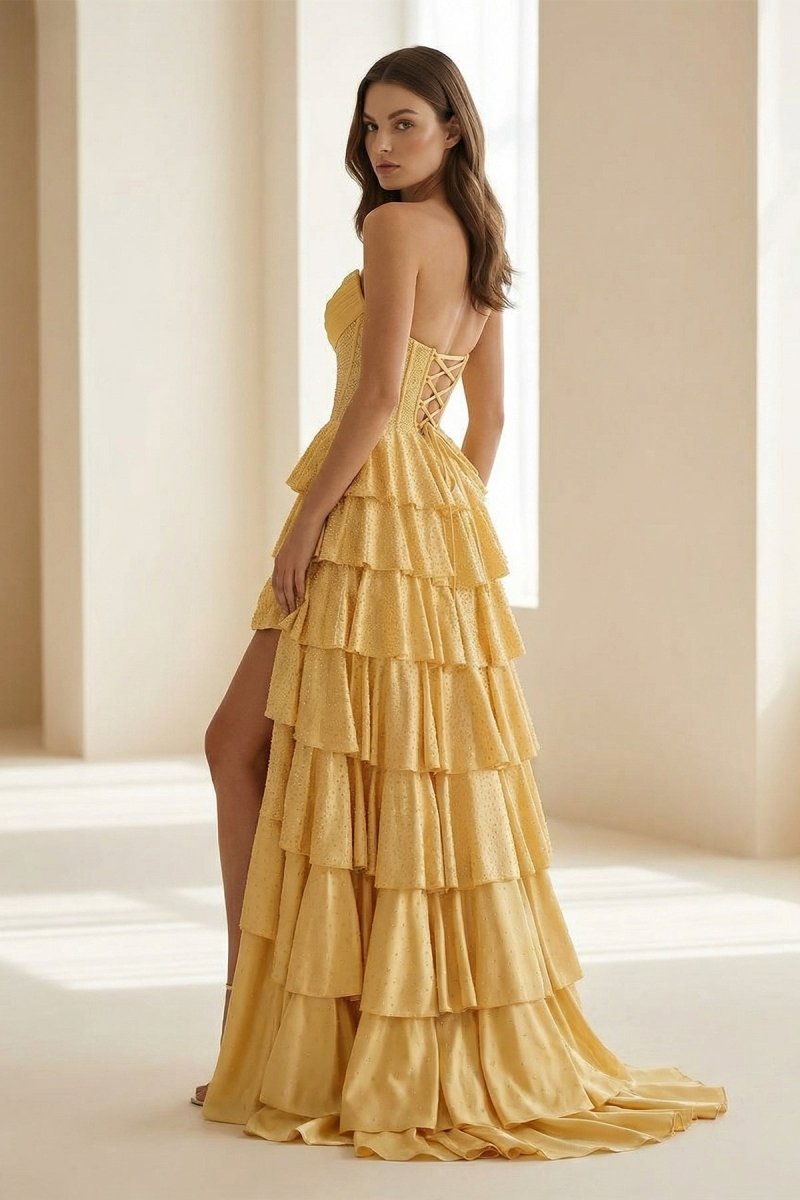 Casmira | Yellow - Strapless A Line Satin Ruffled Long Formal Prom Dresses With Beading-KissProm