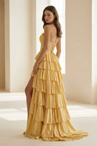 Casmira | Gold - Strapless A Line Satin Ruffled Long Formal Prom Dresses With Beading - KissProm