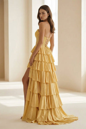 Casmira | Yellow - Strapless A Line Satin Ruffled Long Formal Prom Dresses With Beading-KissProm