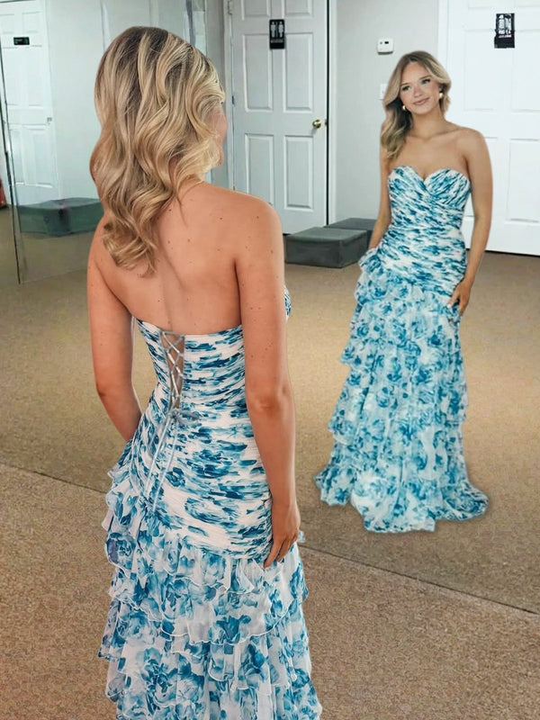 Cassian | Mermaid Sweetheart Printed Chiffon Long Prom Dresses with Slit - KissProm