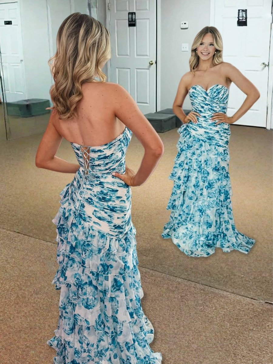 Cassian | Mermaid Sweetheart Printed Chiffon Long Prom Dresses with Slit - KissProm