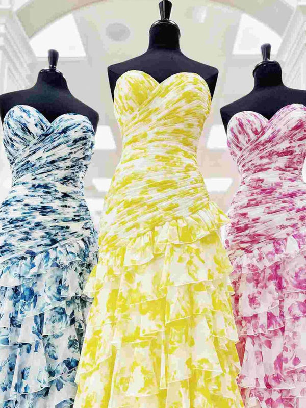 Cassian | Yellow - Mermaid Sweetheart Printed Chiffon Long Prom Dresses with Slit-KissProm