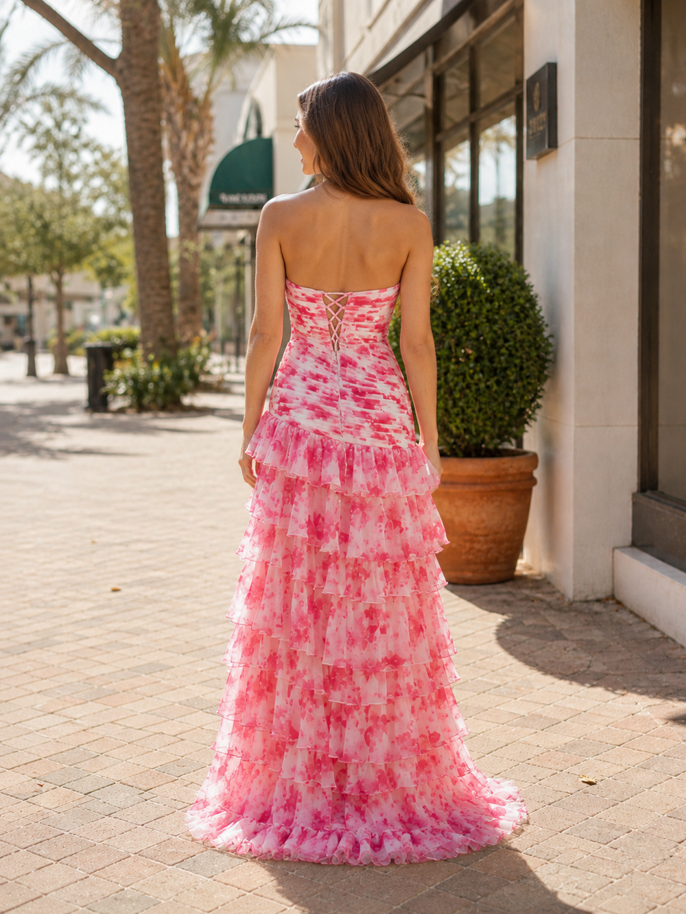 Cassian | Pink - Mermaid Sweetheart Printed Chiffon Long Prom Dresses with Slit-KissProm