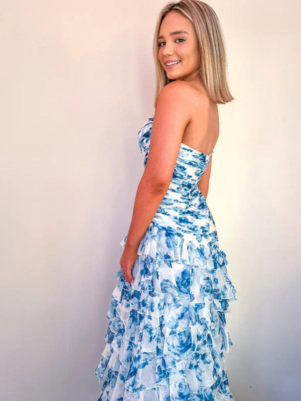 Cassian | Blue - Mermaid Sweetheart Printed Chiffon Long Prom Dresses with Slit -KissProm