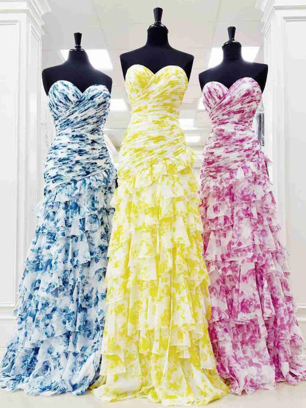 Cassian | Yellow - Mermaid Sweetheart Printed Chiffon Long Prom Dresses with Slit-KissProm