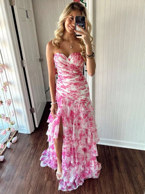 Cassian | Pink - Mermaid Sweetheart Printed Chiffon Long Prom Dresses with Slit-KissProm