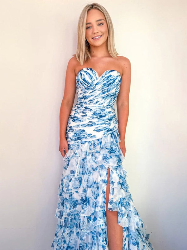 Cassian | Blue - Mermaid Sweetheart Printed Chiffon Long Prom Dresses with Slit -KissProm