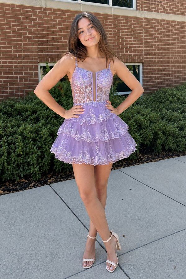 Cassiope | Lavender - A Line V Neck Sequins Short Homcoming Dresses With Appliques