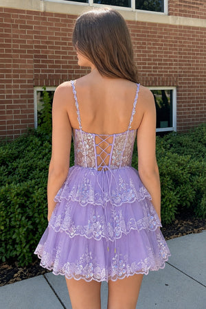 Cassiope | Lavender - A Line V Neck Sequins Short Homcoming Dresses With Appliques
