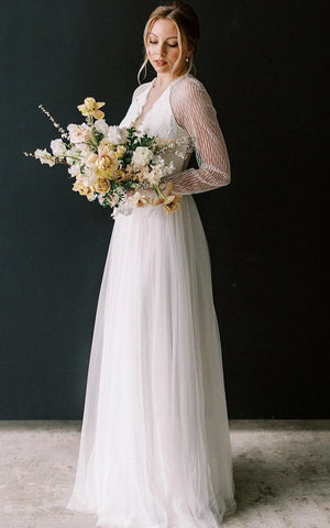 Casual A-Line Bateau Lace Tulle Wedding Dress With Long Sleeve And Sas Casual A-Line Bateau Lace Tulle Wedding Dress With Long Sleeve And Sas