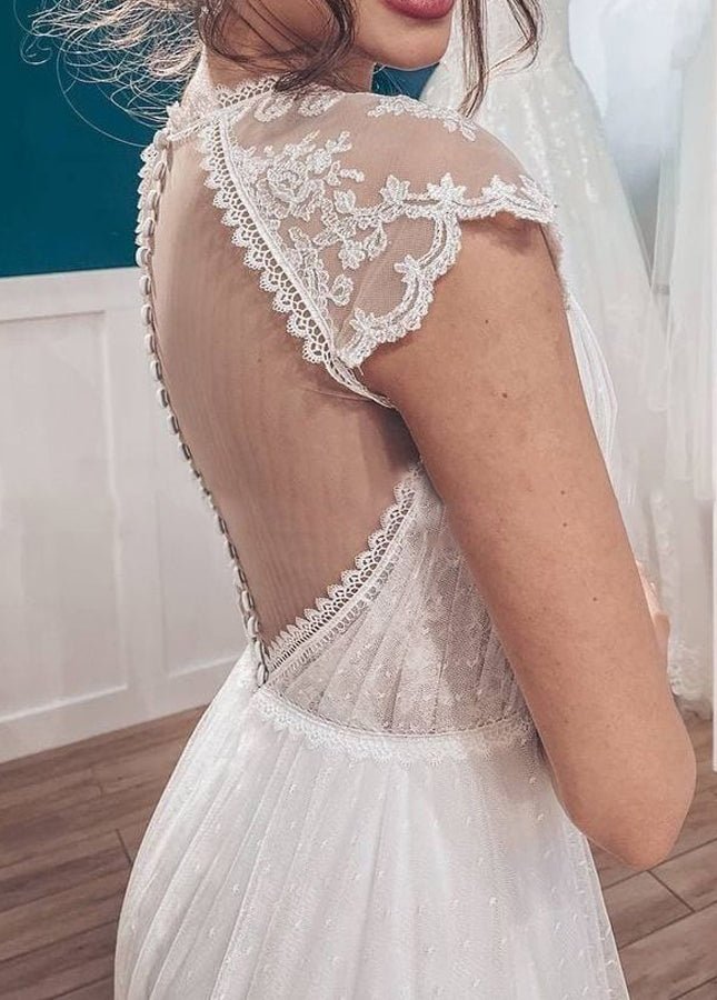Casual A-Line Backyard Tulle Long Wedding Dresses with Cap Sleeves Diamond White / 16