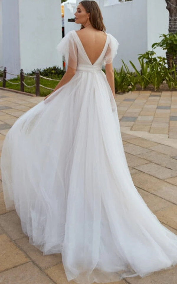 Casual Beach A-Line Tulle Wedding Dress With V-neck And Low-V Back
