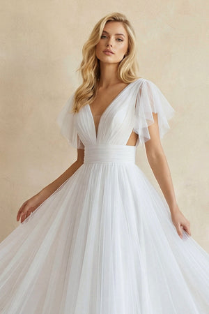Casual Beach A-Line Tulle Wedding Dress With V-neck And Low-V Back– Wedding Dresses by KissProm | Available at KissProm